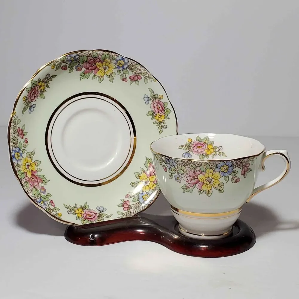 Colclough Teacup and Saucer Green Floral Vintage